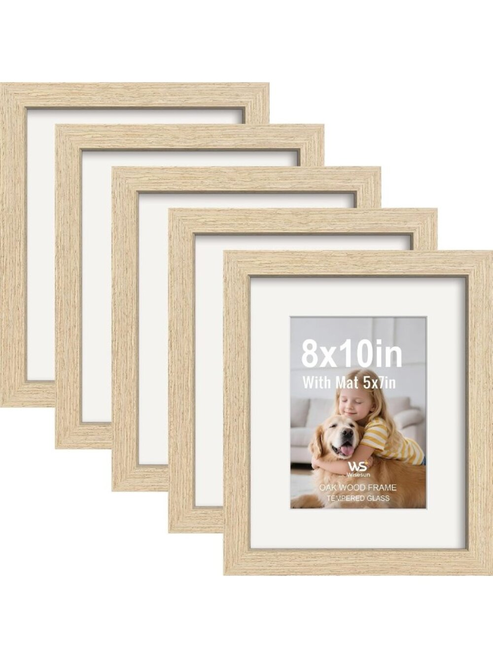 Set of 5 Oak Wood 8x10 Picture Frames with Real Glass & 5x7 Matting